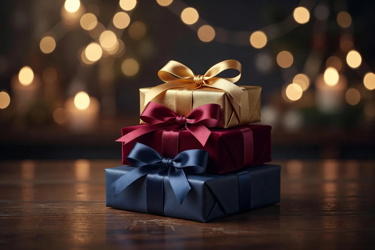 Three small gift boxes with satin ribbons stacked on a wooden table