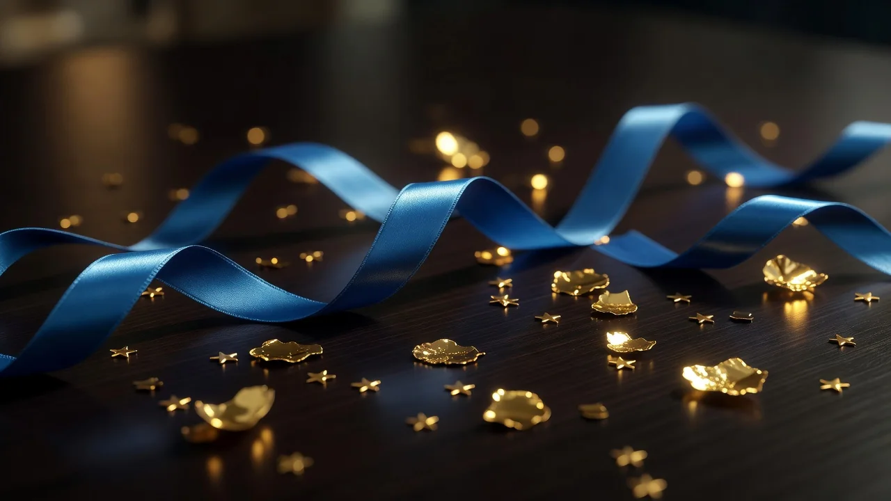 Blue satin ribbon and golden confetti scattered on a dark table