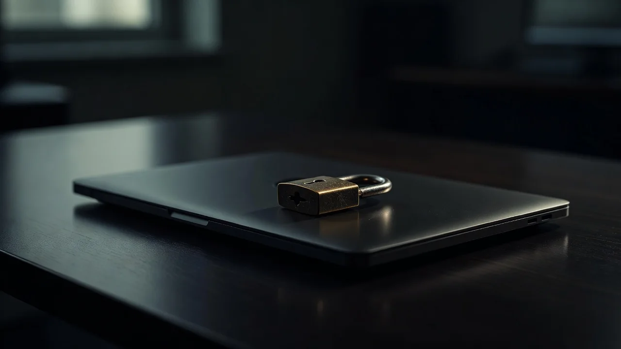 A small metal padlock resting on a closed laptop on a dark desk