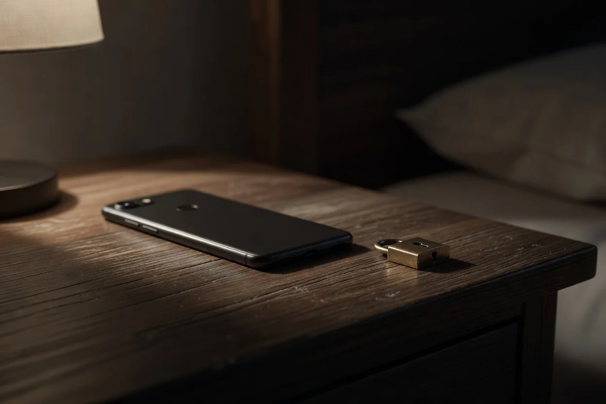 A smartphone lying face down next to a tiny padlock on a nightstand