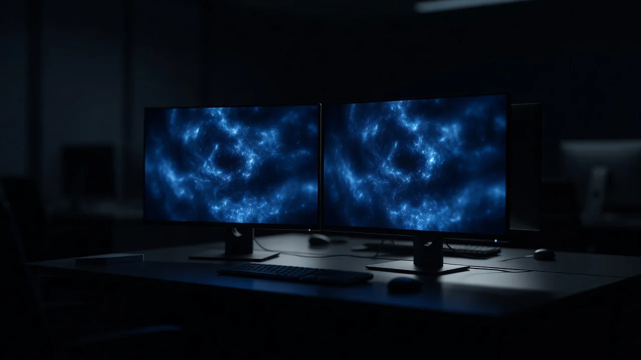 Two monitors side by side showing an identical blue glow in a dark office