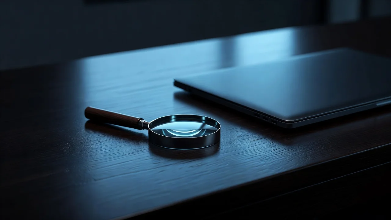 A magnifying glass lying on a dark desk next to a closed laptop