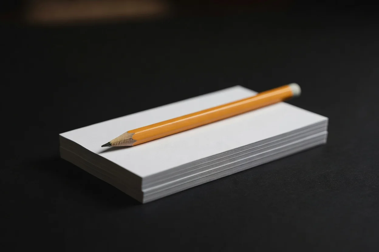 A pencil resting on a stack of blank paper slips