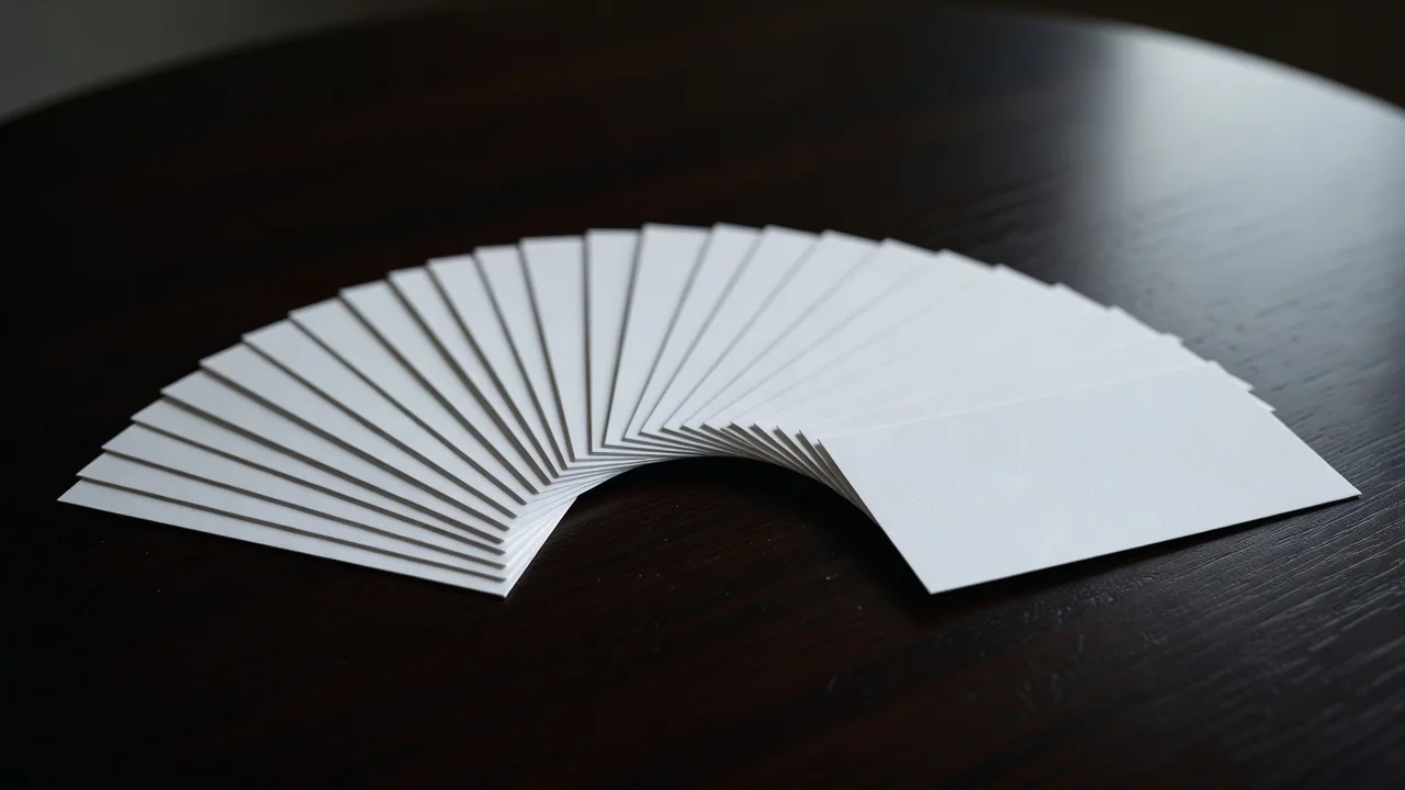 Blank paper slips fanned out on a dark table