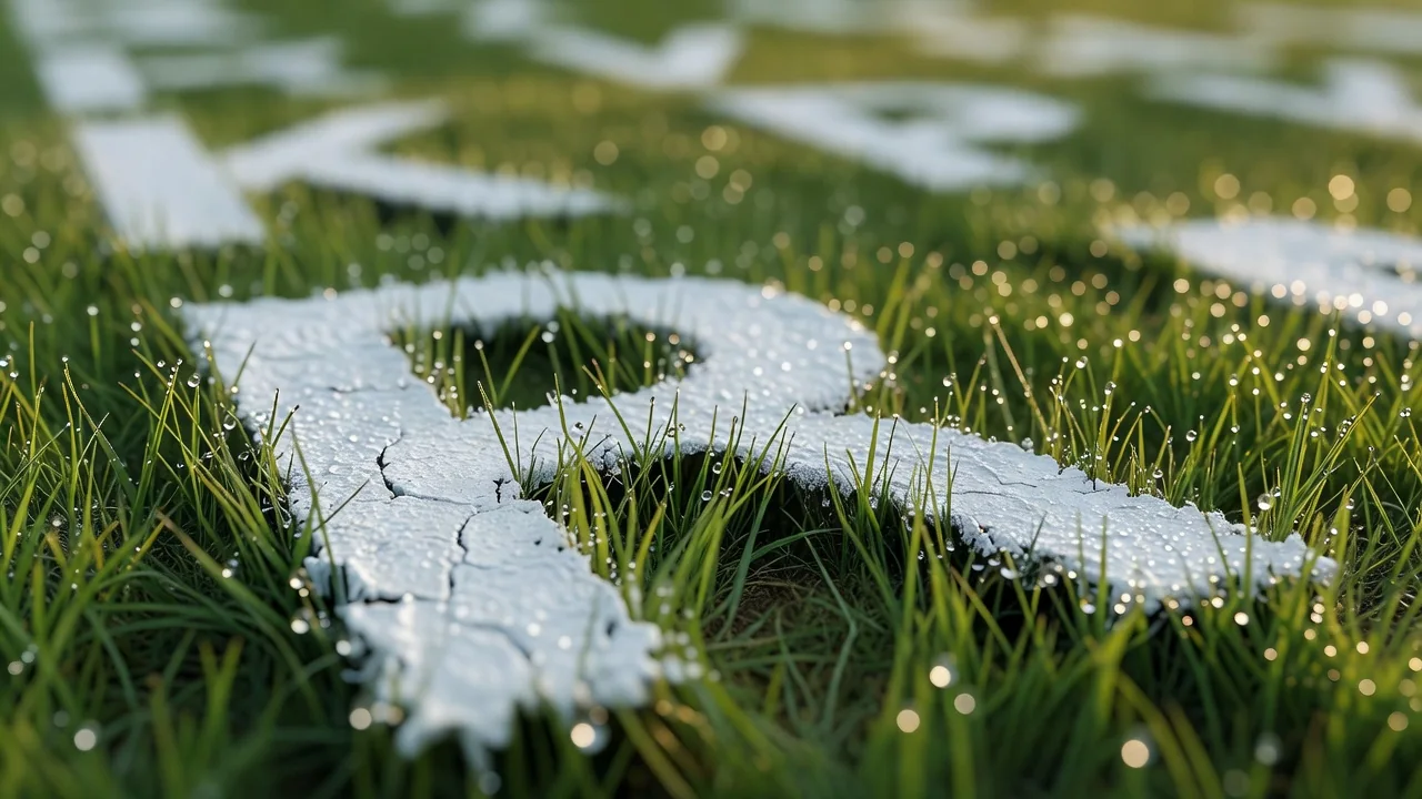 White painted line markings on green grass in macro