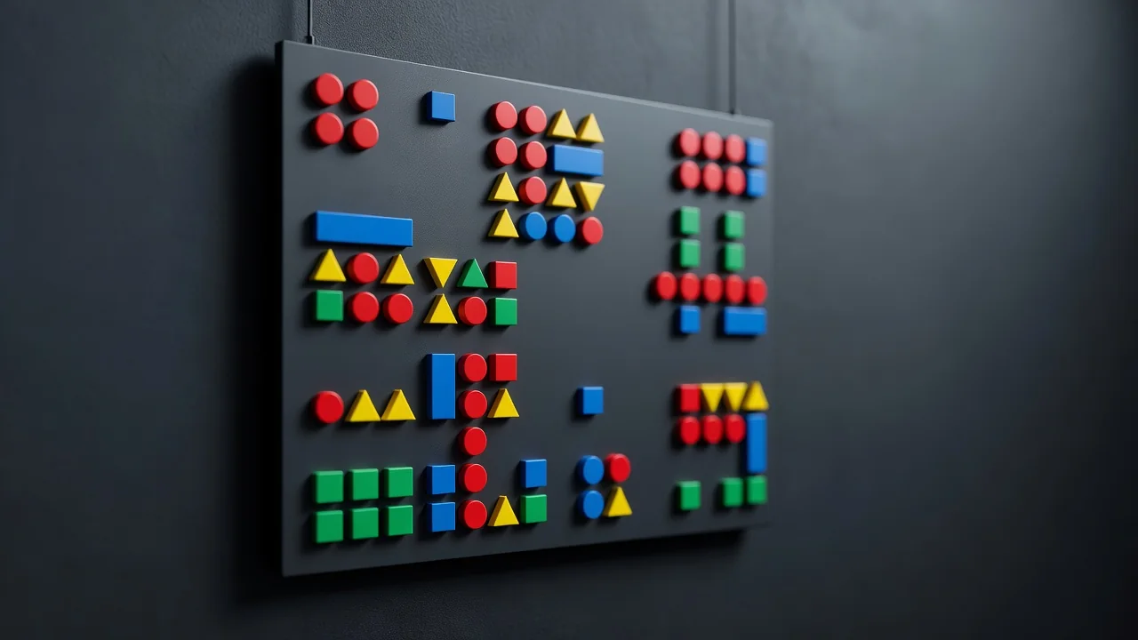 A magnetic tactics board with plain colored magnets on a dark wall
