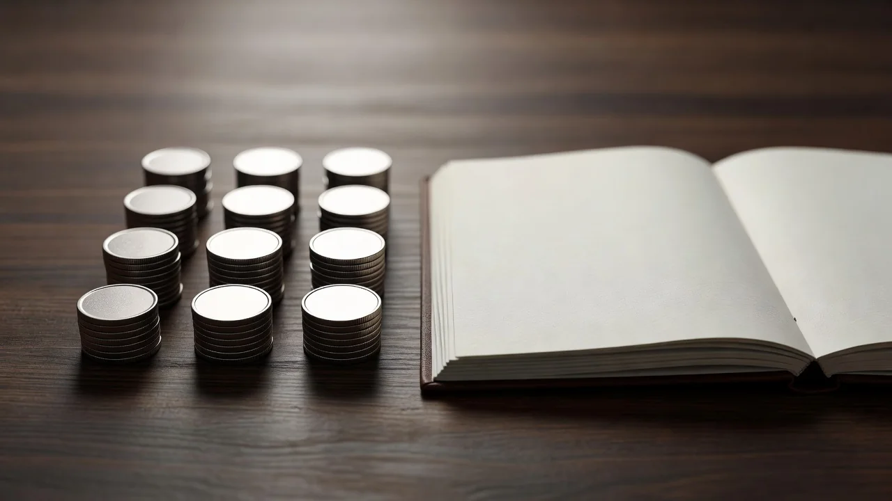 Neat stacks of plain coins next to an open empty ledger