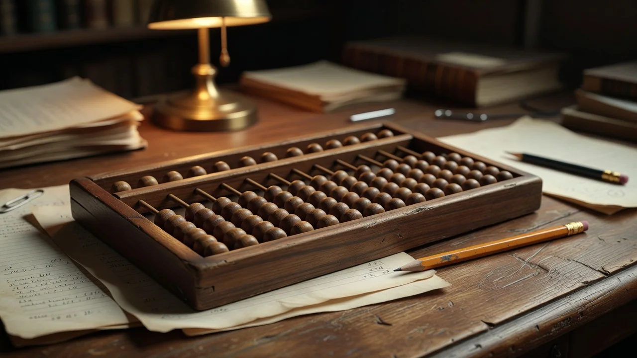A wooden abacus on a desk beside a pencil
