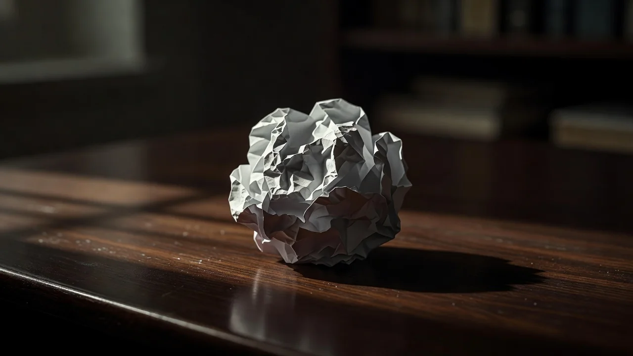 A single crumpled blank paper ball on a dark desk