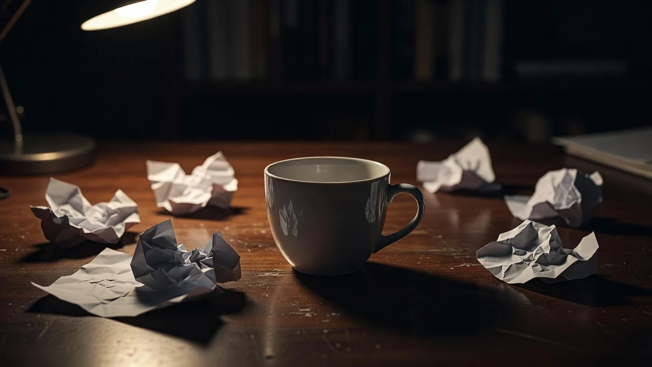 An empty coffee cup and crumpled notes on a desk at night
