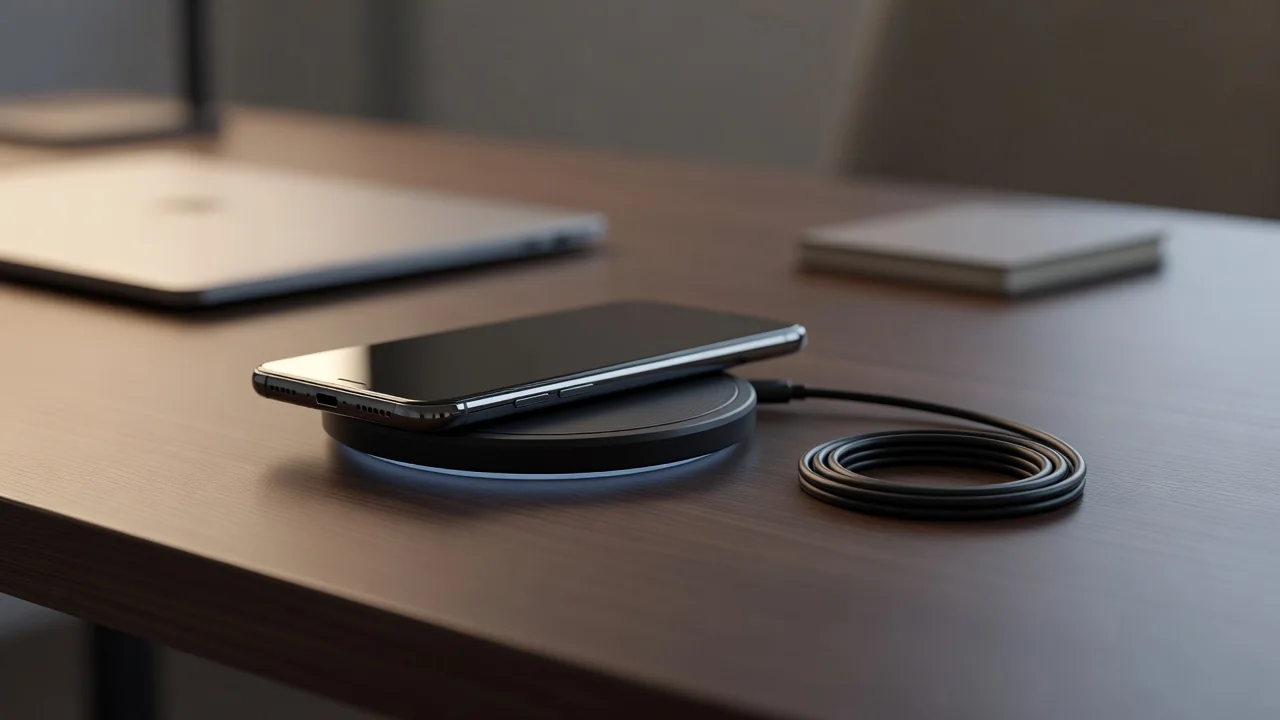 A smartphone charging on a round wireless charger