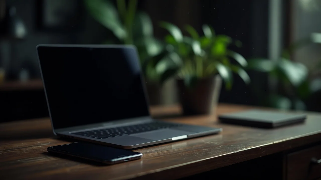 A laptop and a smartphone on a home office desk