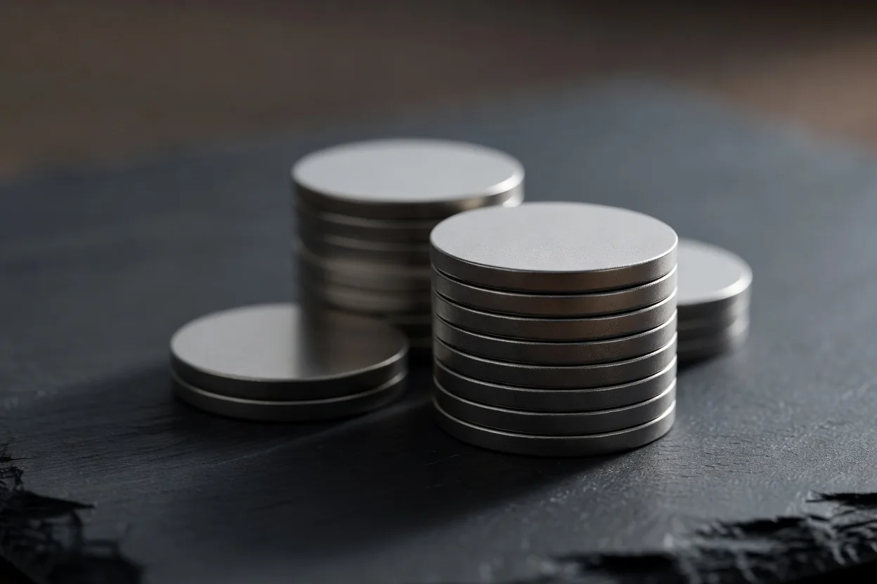 A stack of plain blank metallic coins on dark slate