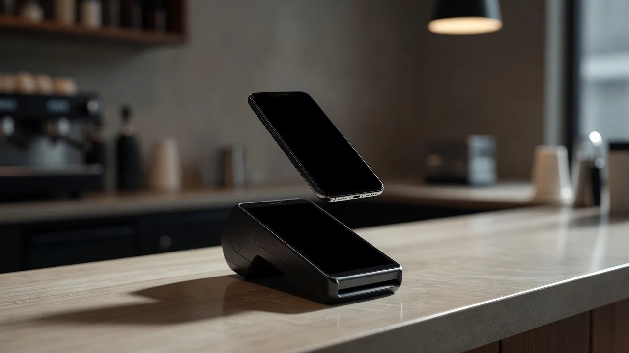 A smartphone above a payment terminal with a dark screen