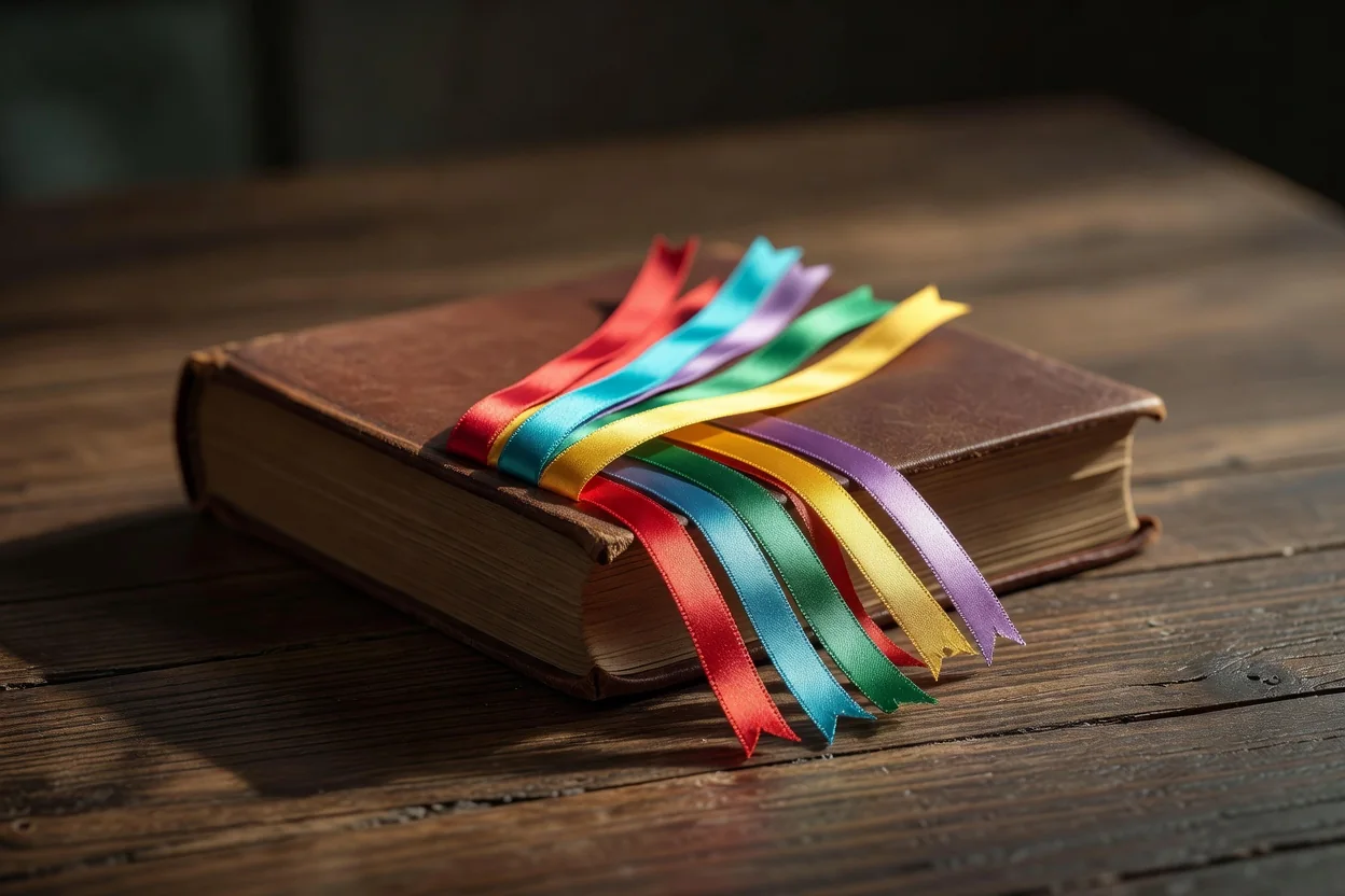 Ribbon bookmarks sticking out of a thick closed book
