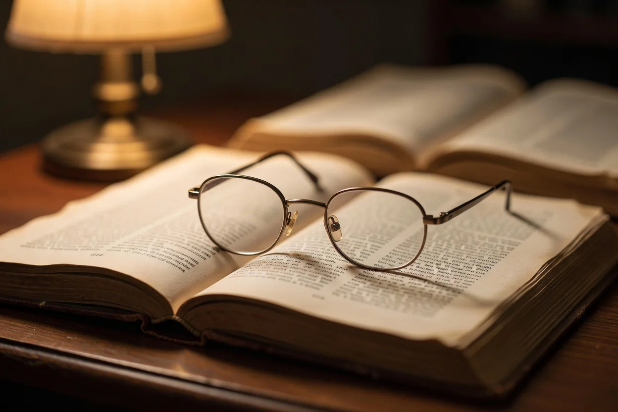 Reading glasses on an open book with blurred pages