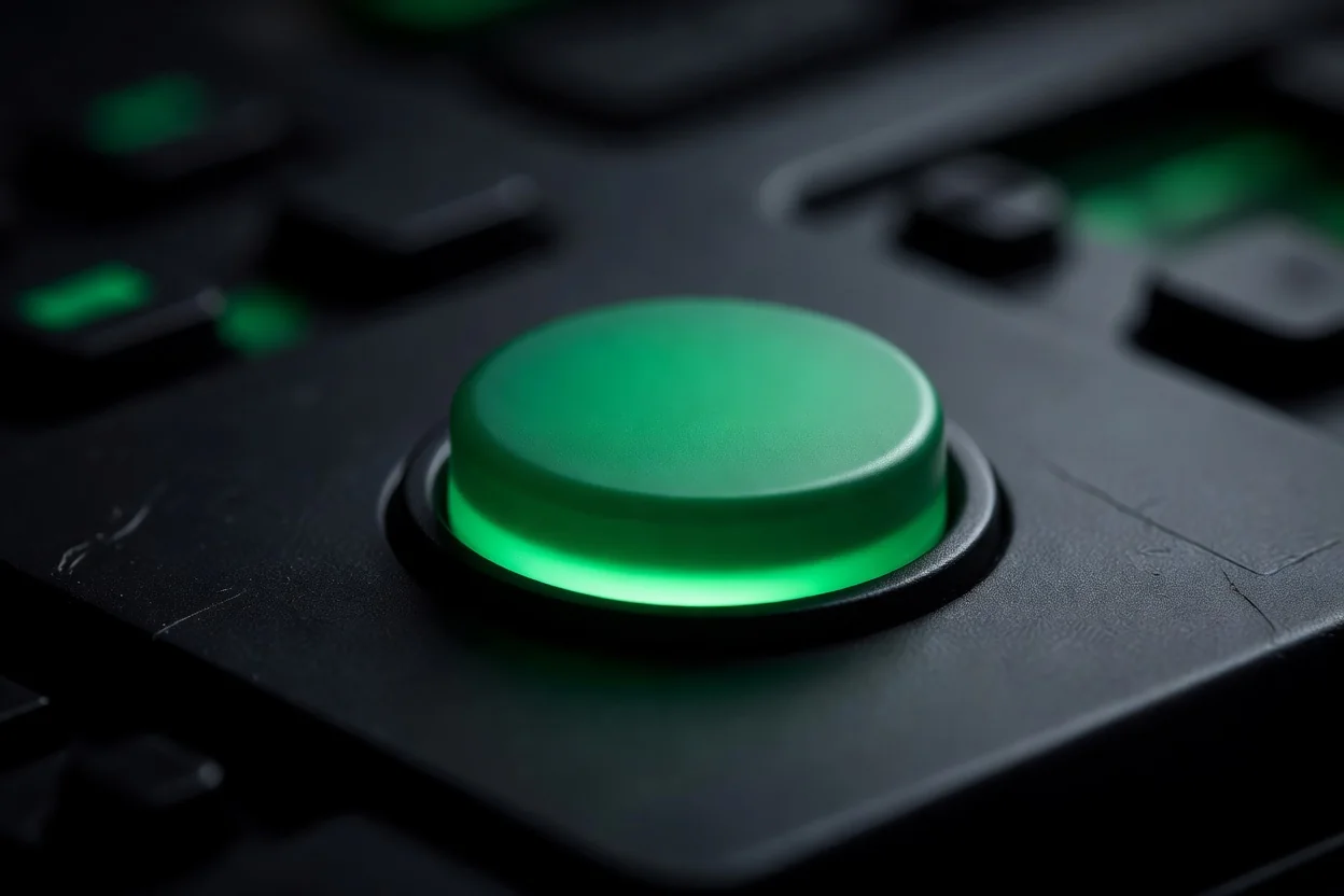 A round green backlit button on a dark control surface