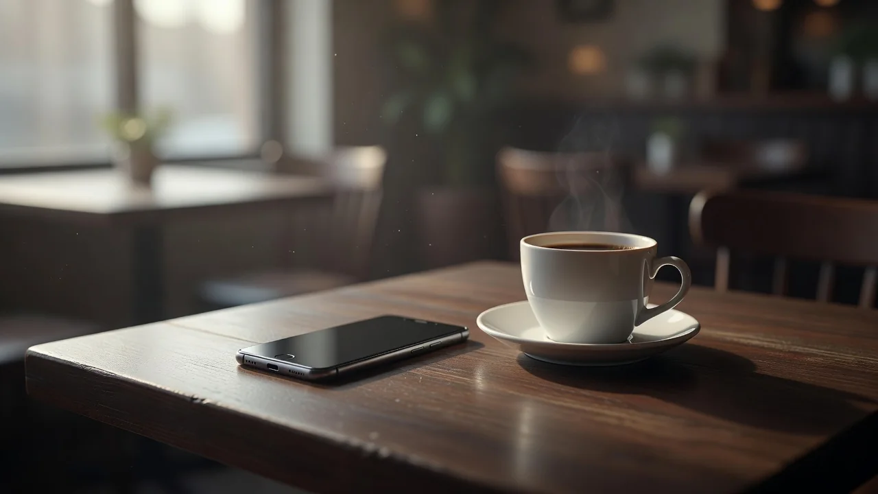 A smartphone face down beside a white coffee cup