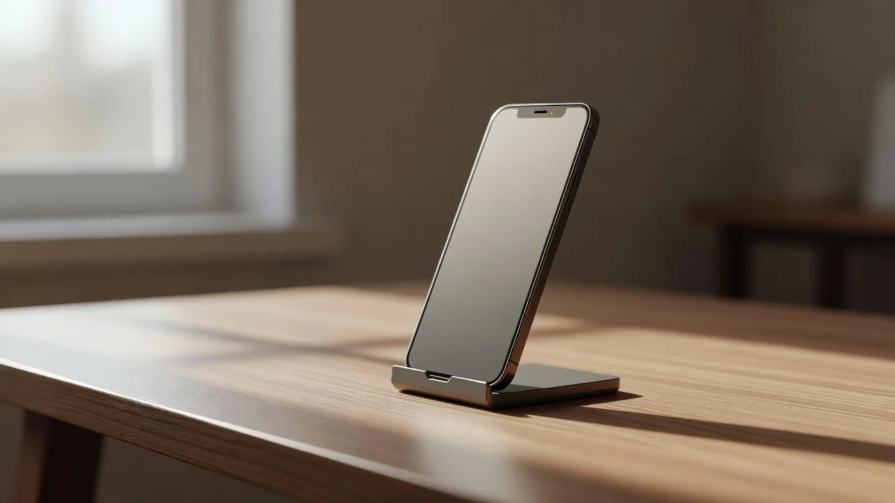 A smartphone standing in a charging dock on a tidy desk