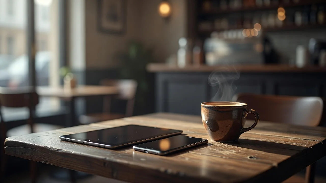A tablet and a smartphone resting on a cafe table beside a coffee cup