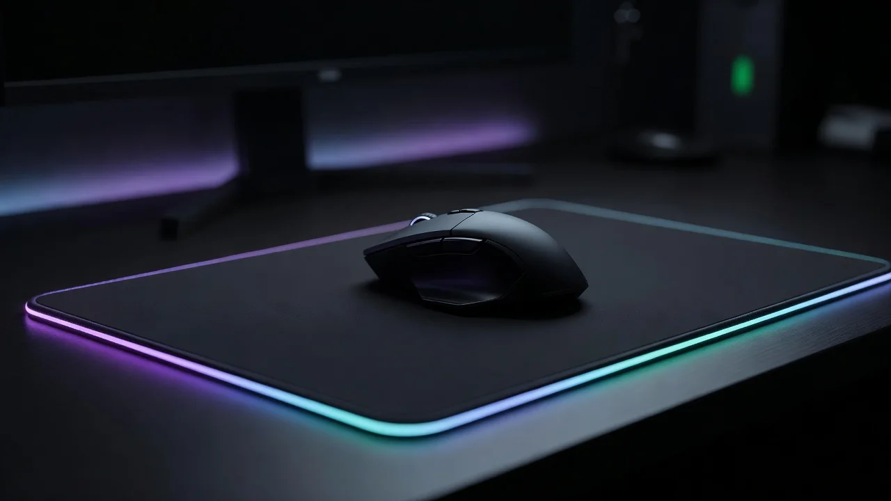 A gaming mouse on a large mousepad with soft glow