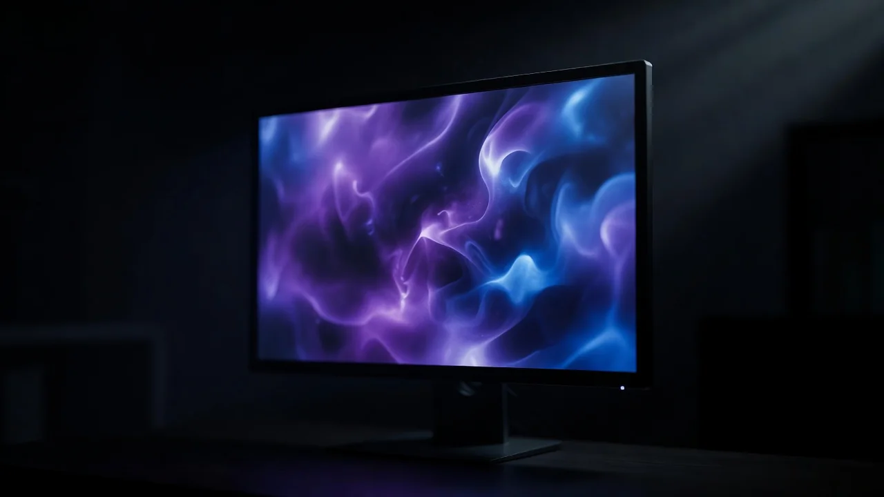 A monitor glowing with abstract purple and blue light in a dark room