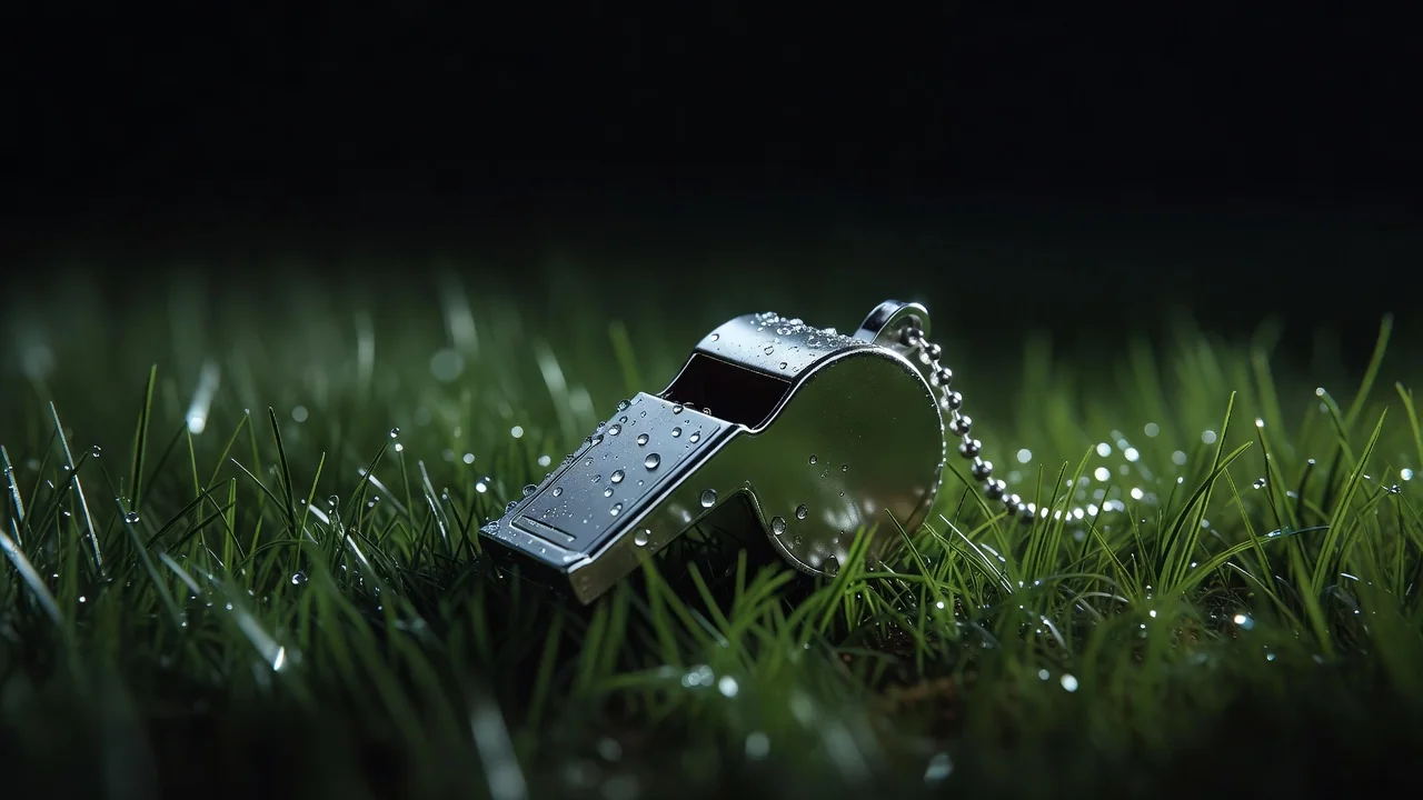 A referee whistle lying on wet grass in macro
