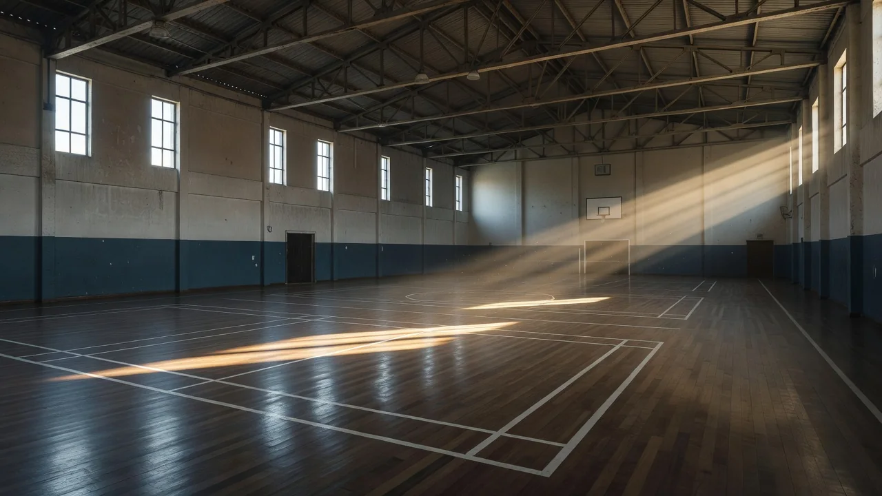 Interior de ginásio poliesportivo brasileiro com marcações de quadra