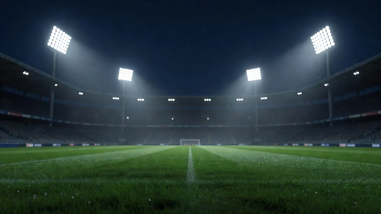 A goal net in close-up under bright floodlights