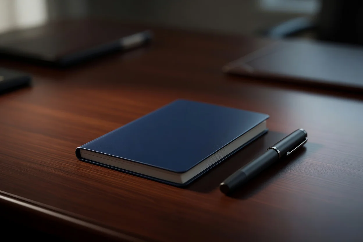 A closed blank booklet and a pen on an office desk