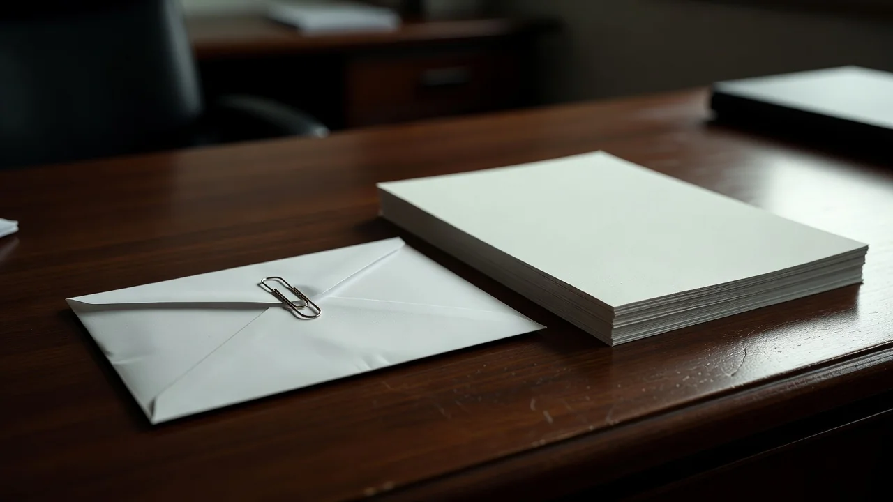 A white envelope, a paperclip and blank forms on a desk