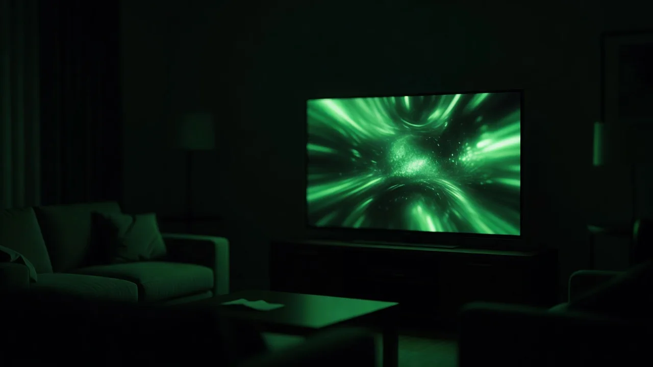 A television glowing green in a dark living room