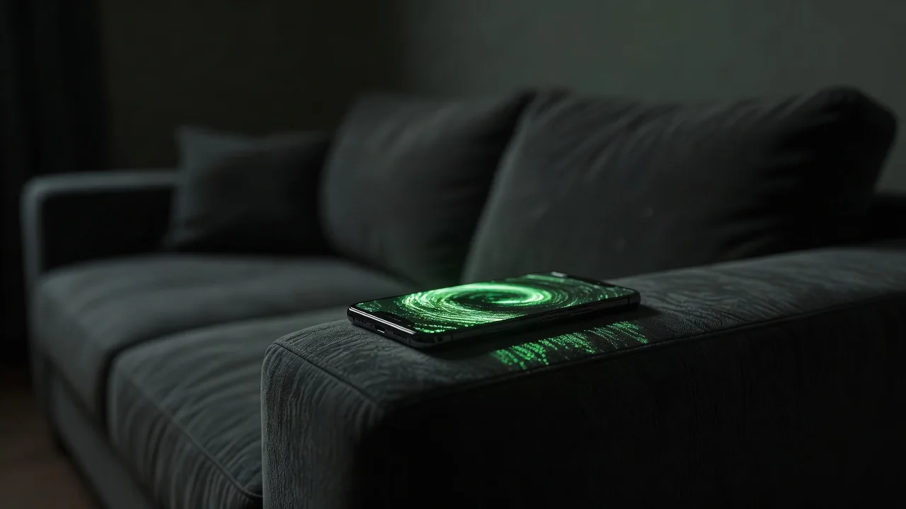 A smartphone glowing on the armrest of a couch in a dim room