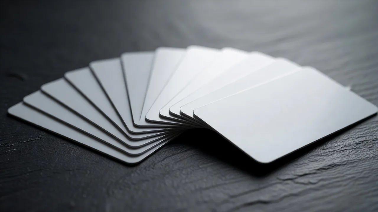 Blank plastic cards fanned out on a slate surface