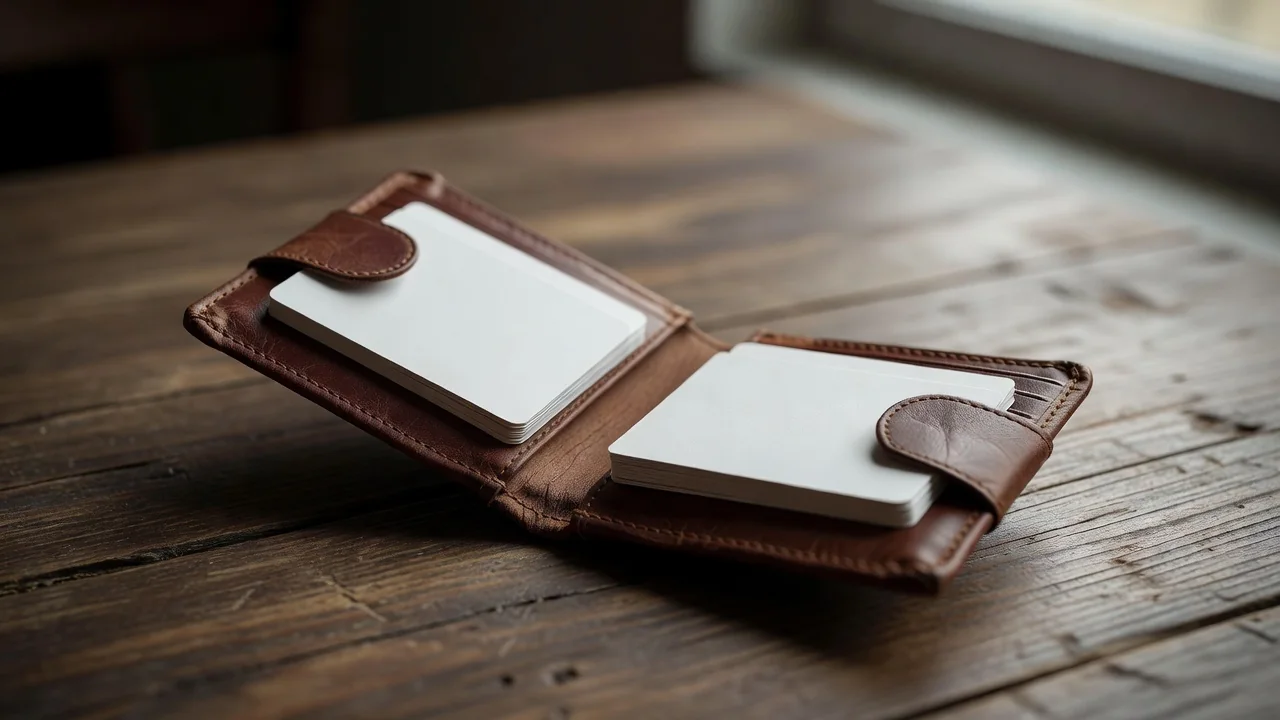 An open leather wallet with plain blank cards on a wooden table