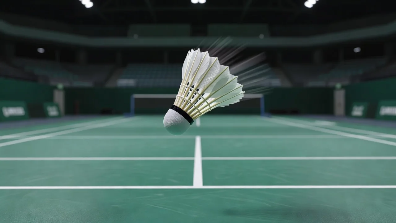 Peteca de badminton em pleno voo sobre a quadra verde