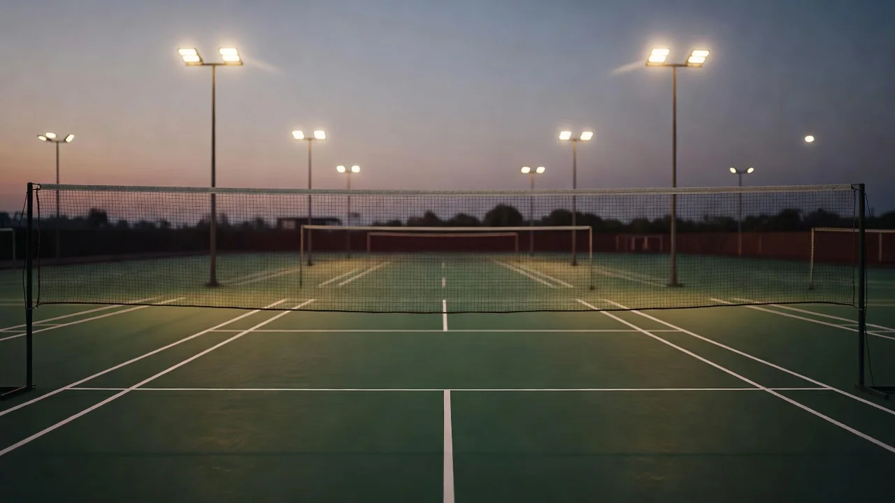 Quadra de badminton vazia vista de trás da rede ao entardecer