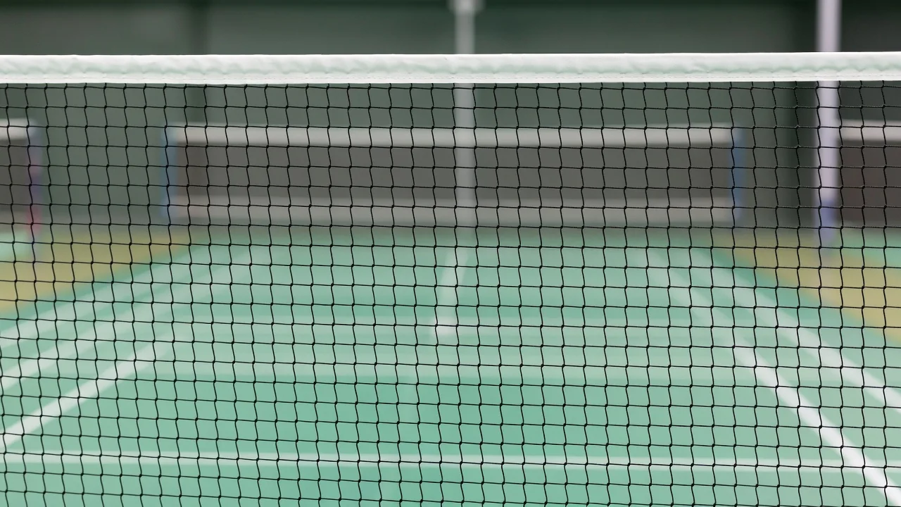 Detalhe da malha da rede de badminton com a quadra ao fundo