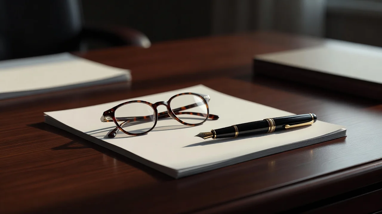 Reading glasses, a fountain pen and blank paper sheets arranged on a desk