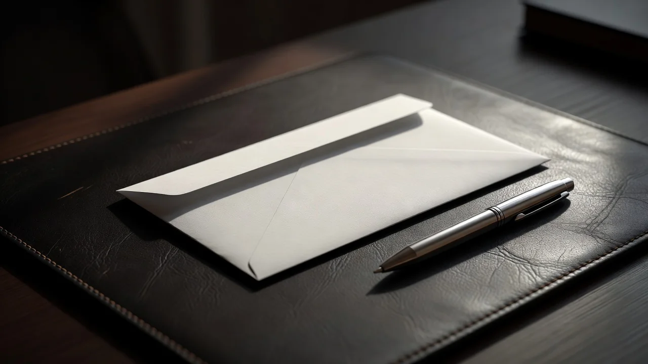 A sealed white envelope and a ballpoint pen on a dark leather desk pad