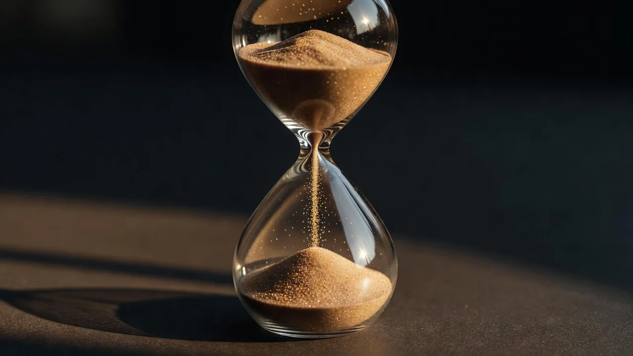 An hourglass with falling sand in extreme close-up