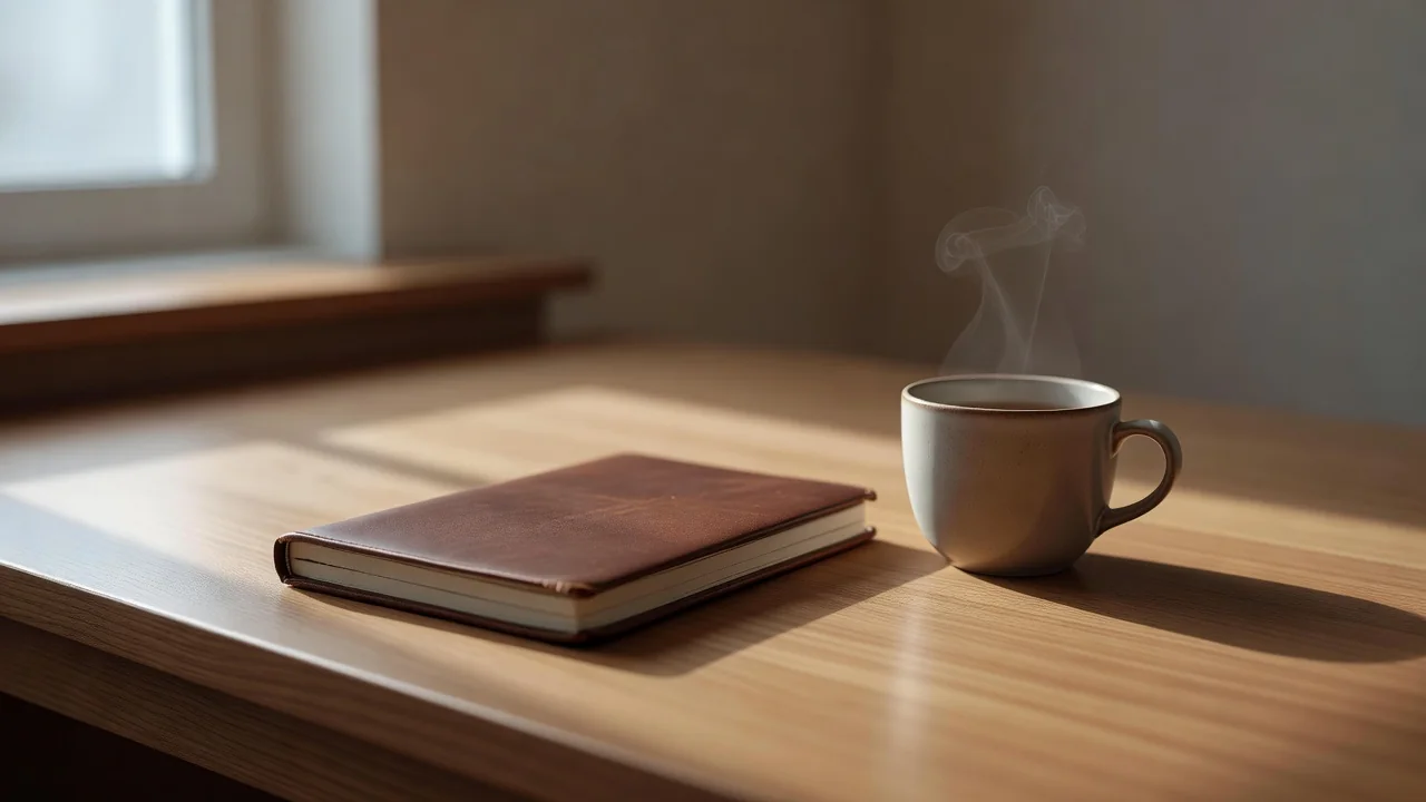 A closed notebook and a cup of tea on a quiet desk in morning light