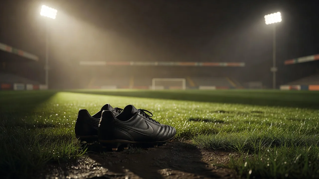 Football boots standing on wet grass at the edge of a pitch