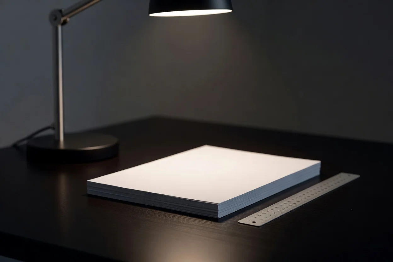 A desk lamp illuminating blank papers and a ruler on a dark table