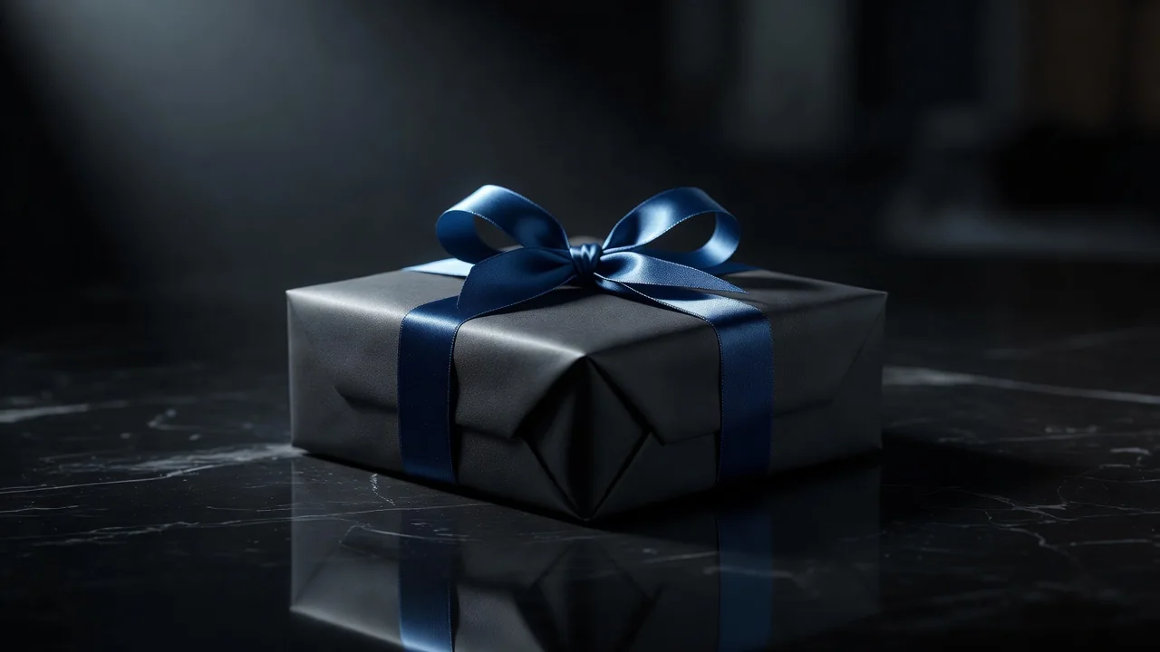 Gift box wrapped in blue ribbon on a dark reflective surface
