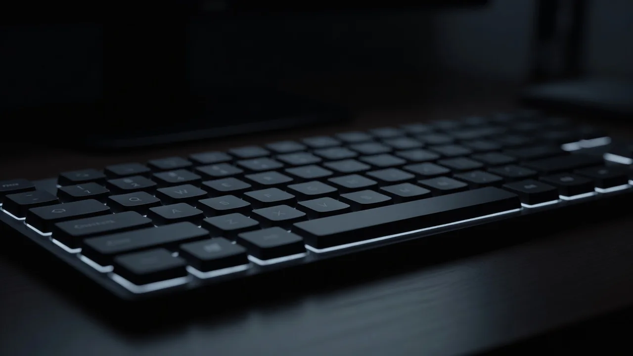 Close-up of a backlit keyboard in a dark room