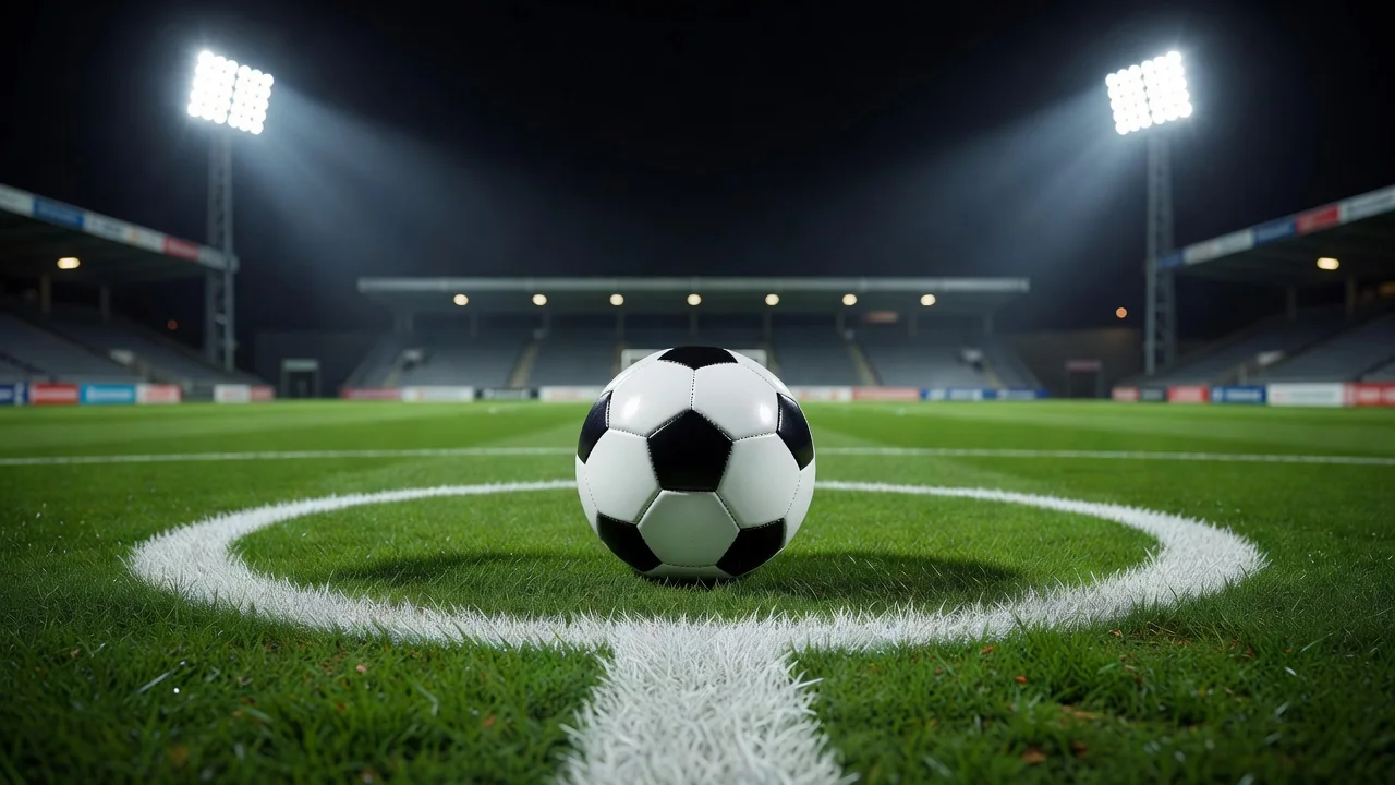 Football resting on the penalty spot under stadium floodlights