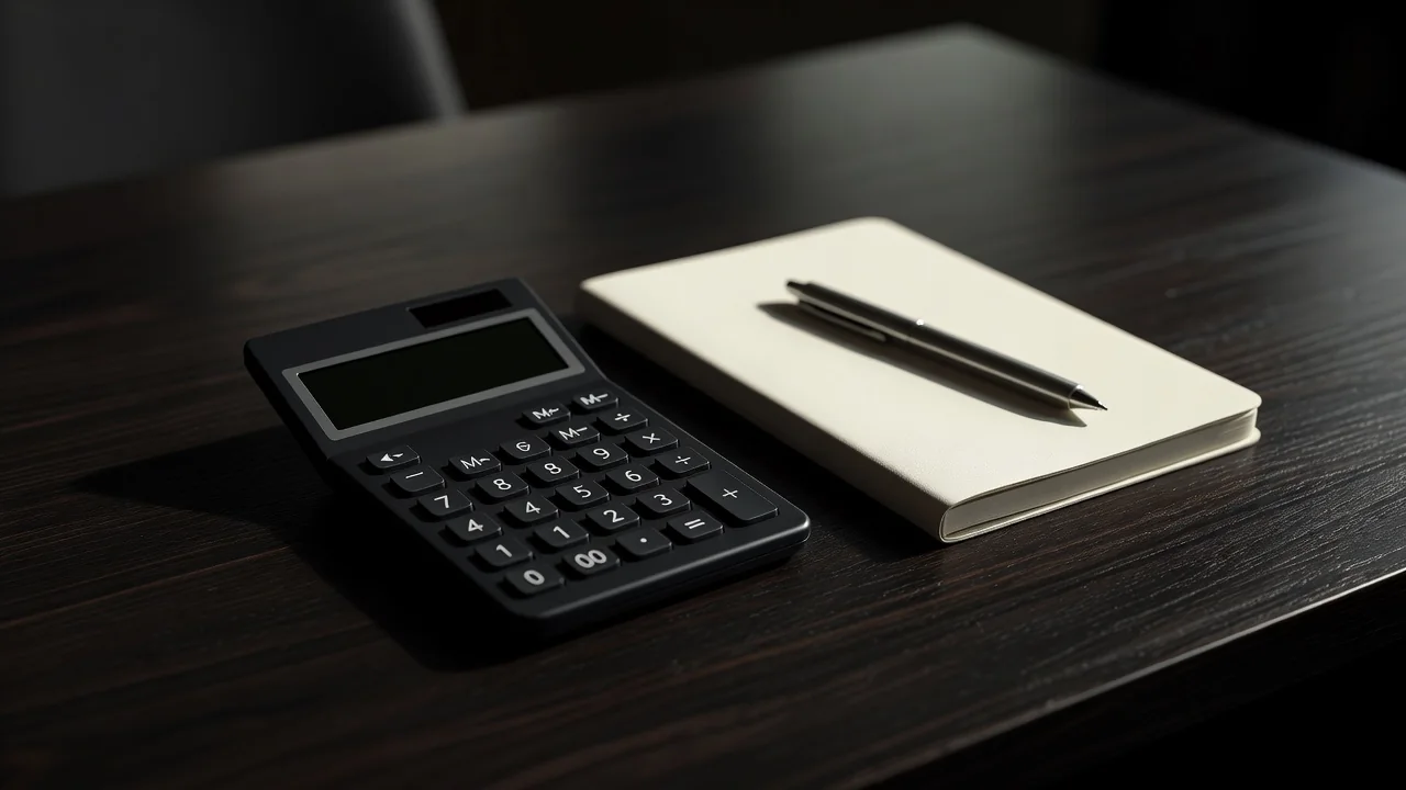 Calculator, notebook and pen on a dark wooden desk