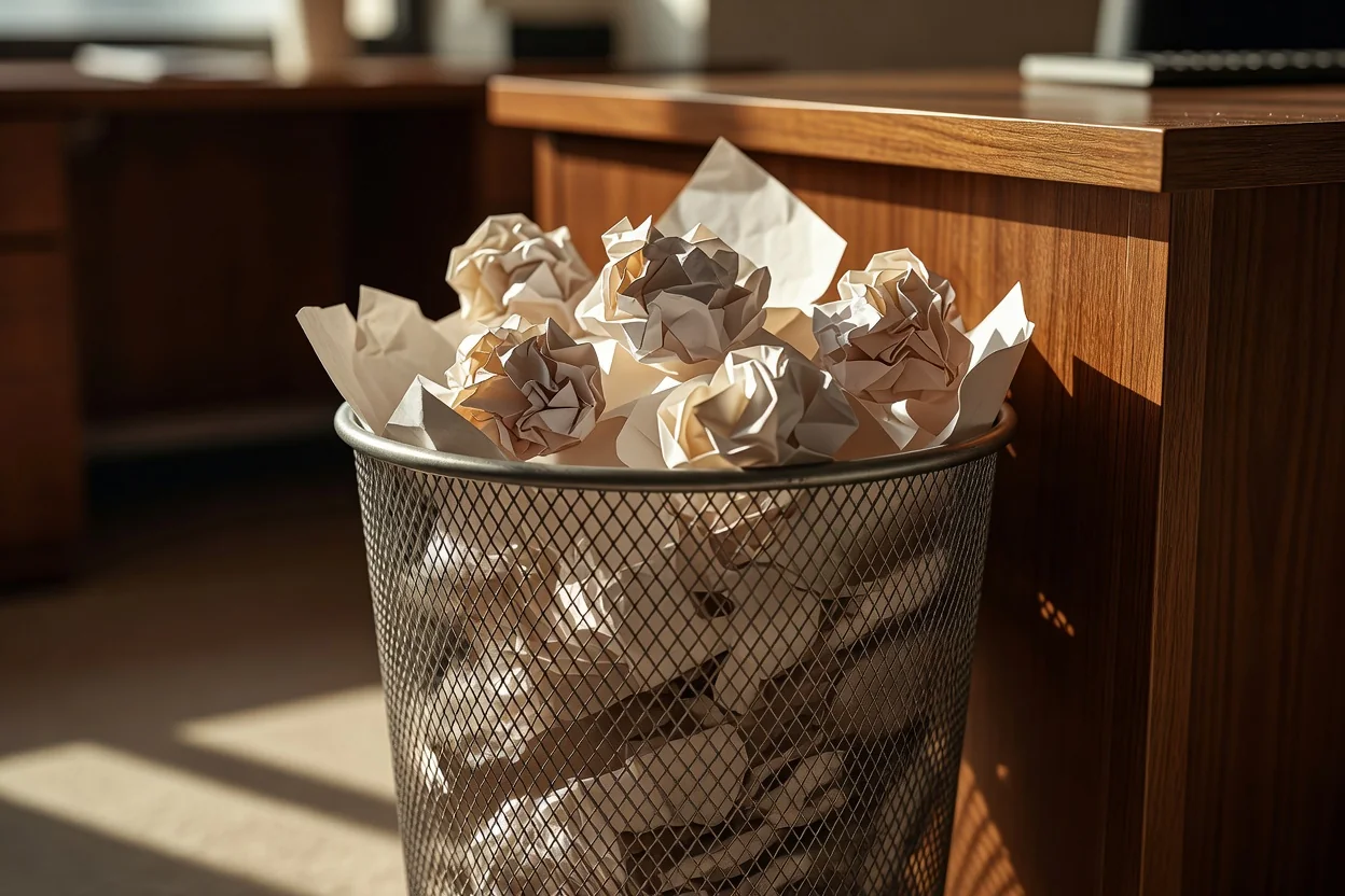 Crumpled paper slips in a bin next to a desk