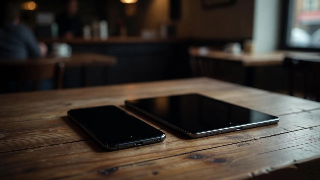 Smartphone and tablet side by side on a cafe table